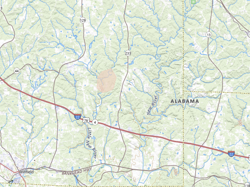Radar-estimated hail-size map of the storm over Winfield, AL on Aug 8, 2026