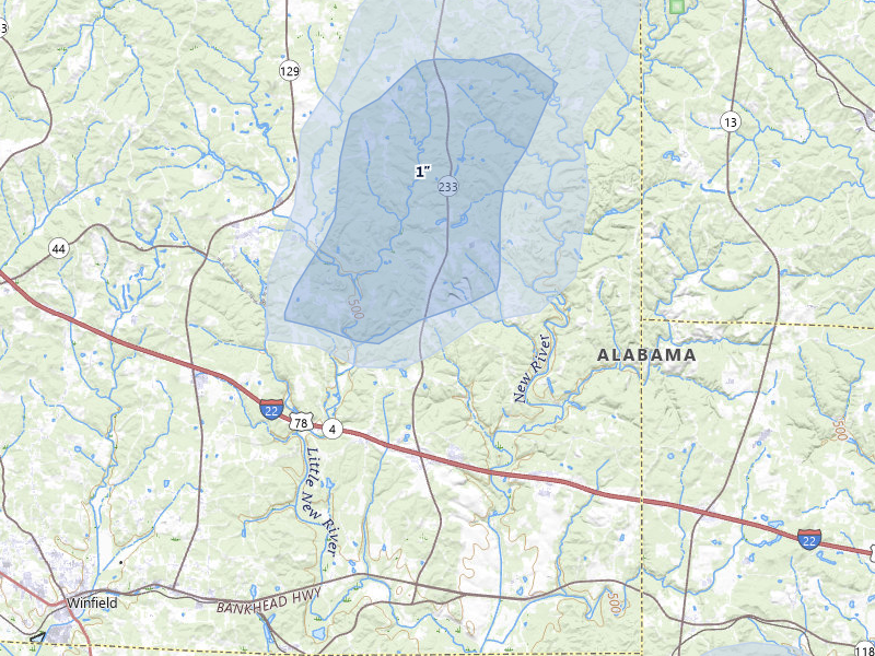 NEXRAD radar-signature map of the hail storm over Winfield, AL on Aug 8, 2026