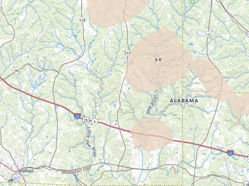 Radar-estimated hail-size map of the storm over Winfield, AL on Aug 22, 2026