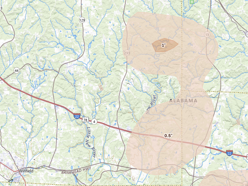 Radar-estimated hail-size map of the storm over Winfield, AL on Aug 26, 2026
