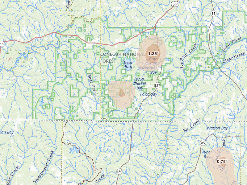 Radar-estimated hail-size map of the storm over Wing, AL on Aug 14, 2026