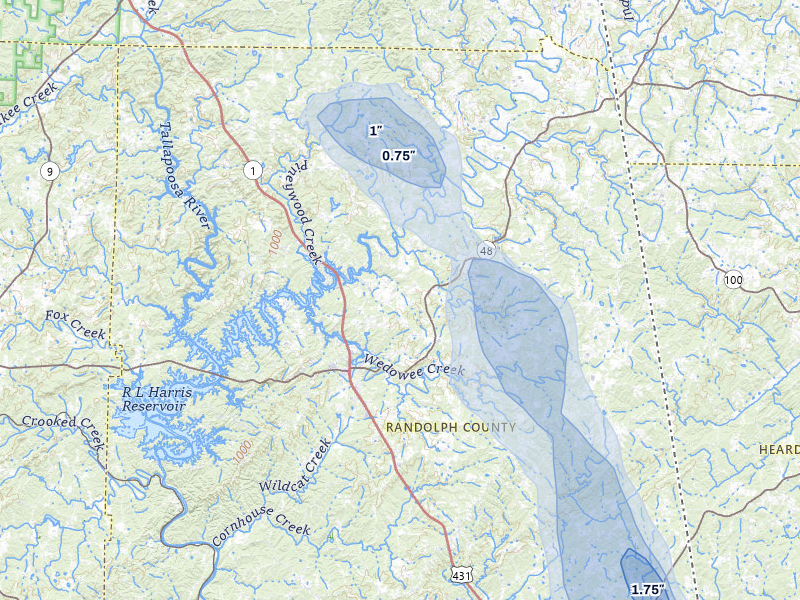 NEXRAD radar-signature map of the hail over Woodland, AL