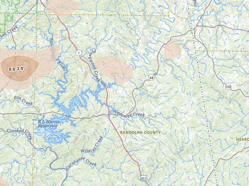 Radar-estimated hail-size map of the storm over Woodland, AL on Jul 1, 2026