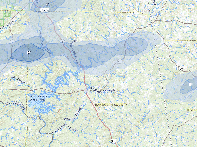 NEXRAD radar-signature map of the hail over Woodland, AL