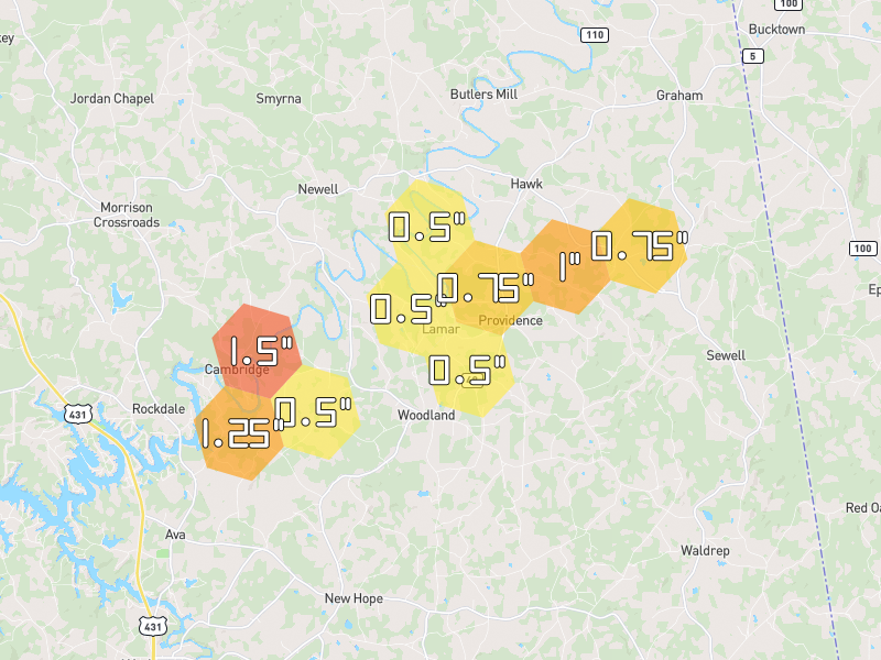 Hail map of Woodland, AL on Jul 1, 2026, hail up to 1.5"