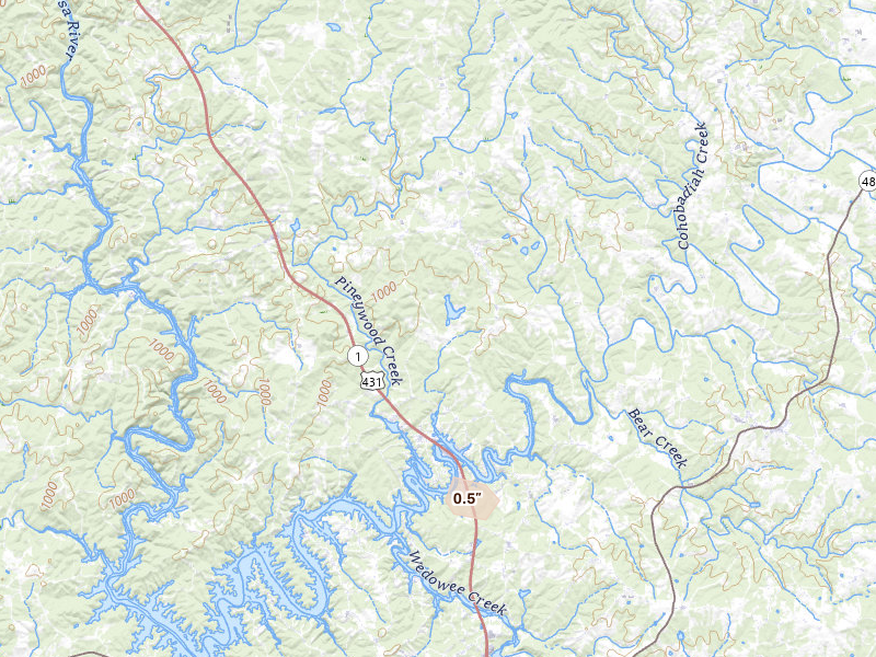 Radar-estimated hail-size map of the storm over Woodland, AL on Aug 14, 2026
