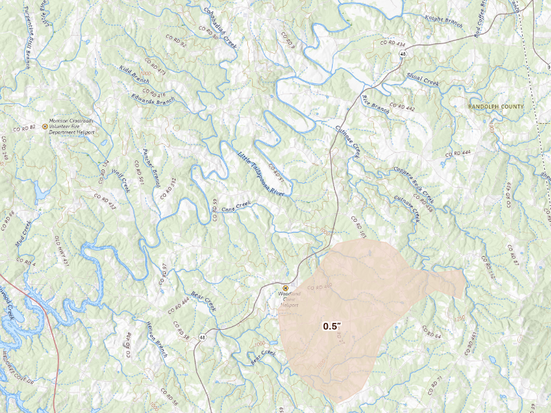 Radar-estimated hail-size map of the storm over Woodland, AL