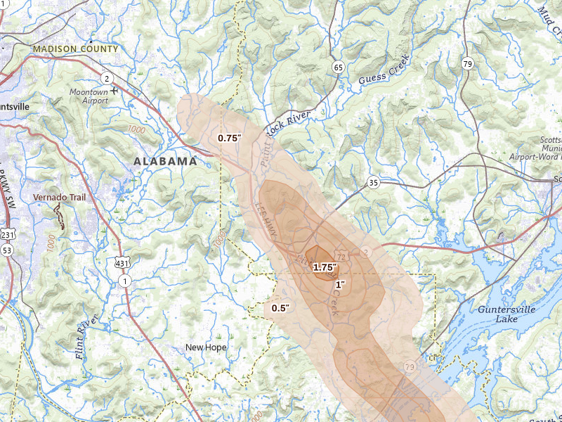 Radar-estimated hail-size map of the storm over Woodville, AL on Jun 1, 2026