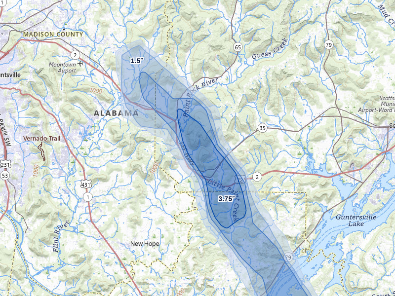 NEXRAD radar-signature map of the hail storm over Woodville, AL on Jun 1, 2026