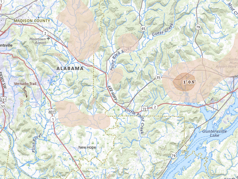 Radar-estimated hail-size map of the storm over Woodville, AL on Jul 3, 2026
