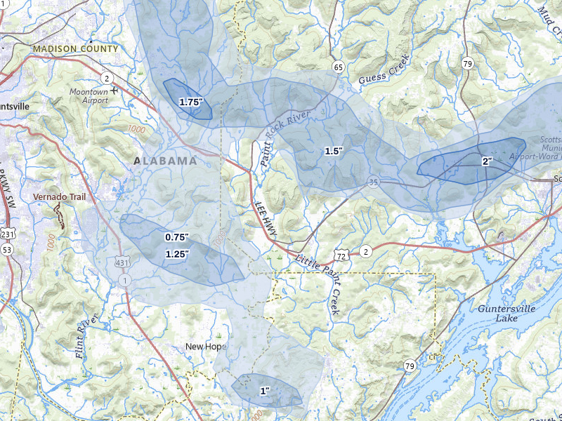 NEXRAD radar-signature map of the hail storm over Woodville, AL on Jul 3, 2026