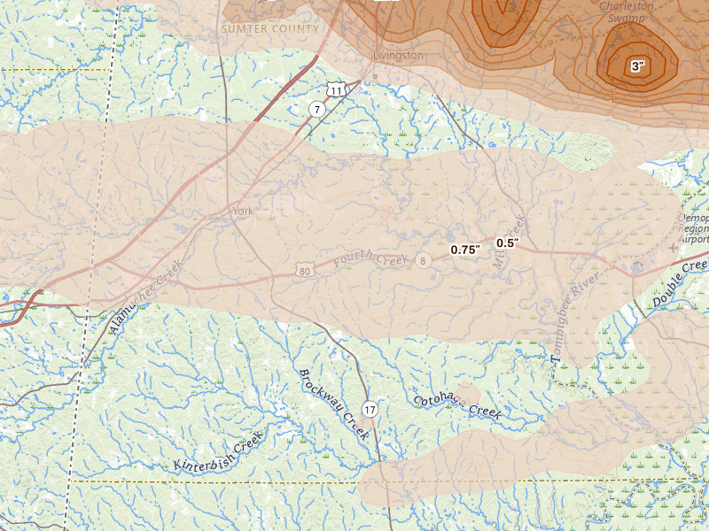 Radar-estimated hail-size map of the storm over York, AL on May 6, 2026