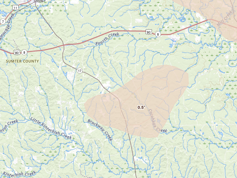 Radar-estimated hail-size map of the storm over York, AL on Aug 18, 2026