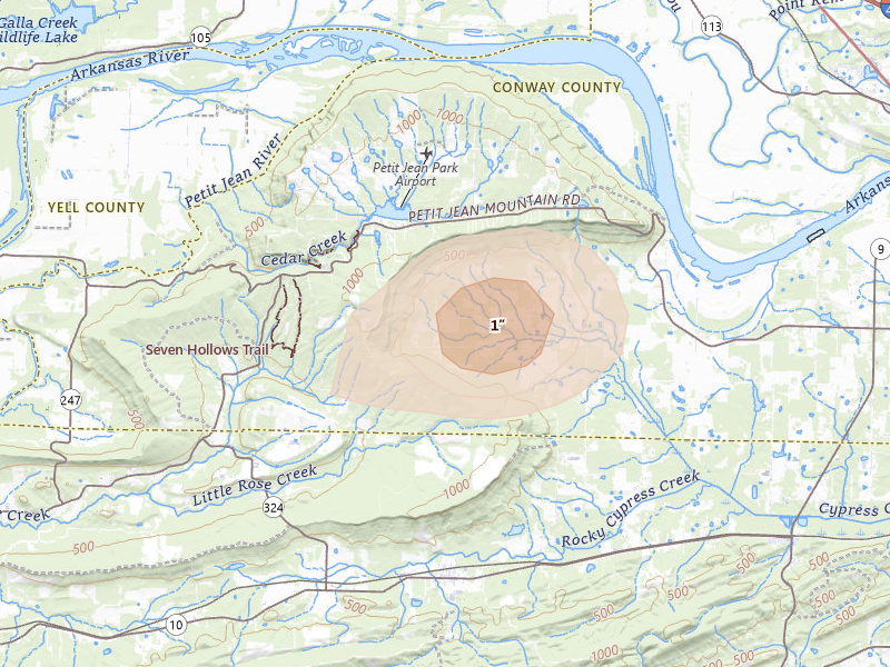 Radar-estimated hail-size map of the storm over Adona, AR on Aug 7, 2026