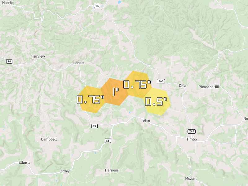 Hail map of Alco, AR on Jul 11, 2026, hail up to 1"