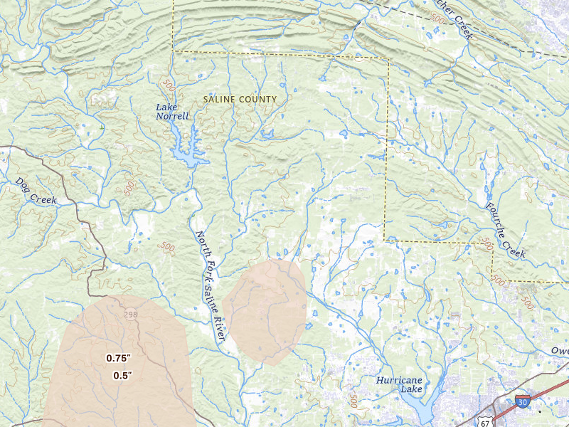 Radar-estimated hail-size map of the storm over Alexander, AR on Jun 1, 2026