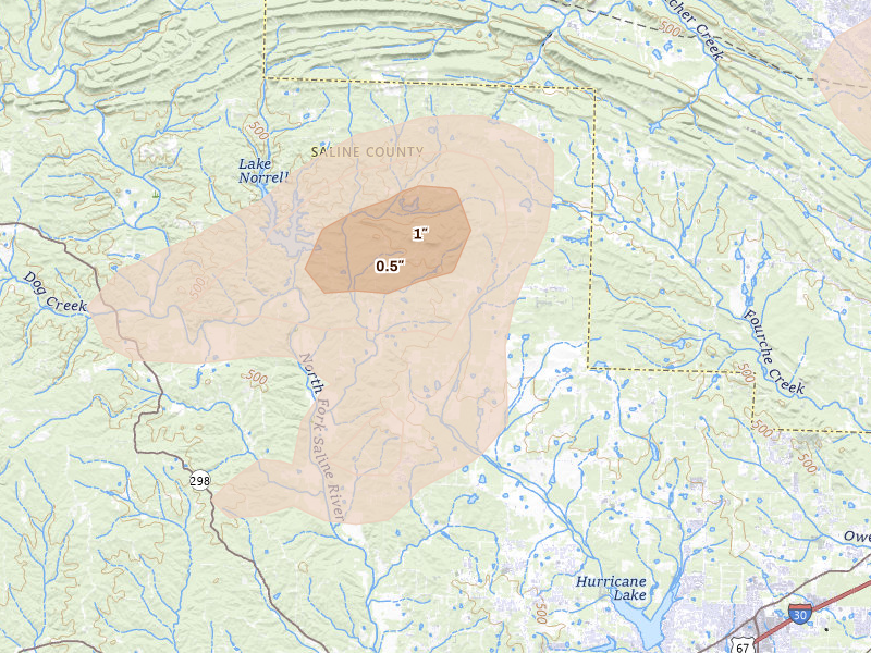 Radar-estimated hail-size map of the storm over Alexander, AR on Jul 4, 2026