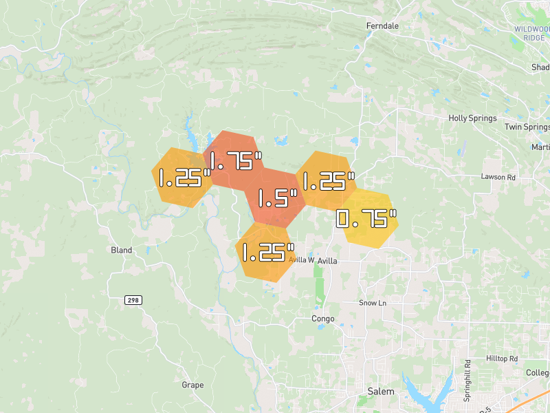 Hail map of Alexander, AR on Jul 4, 2026, hail up to 1.75"