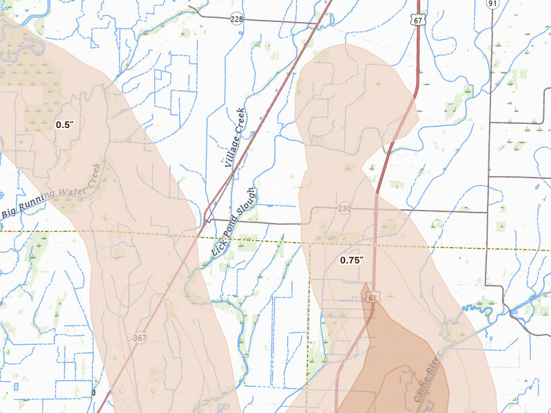 Radar-estimated hail-size map of the storm over Alicia, AR on Jun 1, 2026