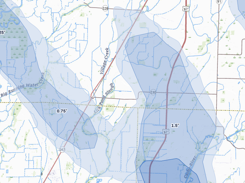 NEXRAD radar-signature map of the hail storm over Alicia, AR on Jun 1, 2026