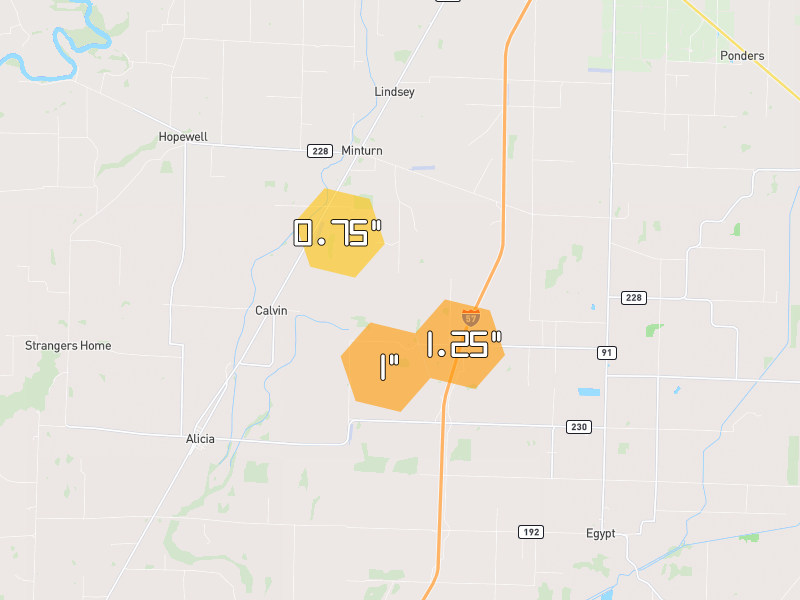 Hail map of Alicia, AR on Jun 1, 2026, hail up to 1.25"