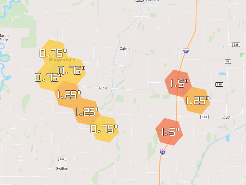Hail map of Alicia, AR on Jun 2, 2026, hail up to 1.5"