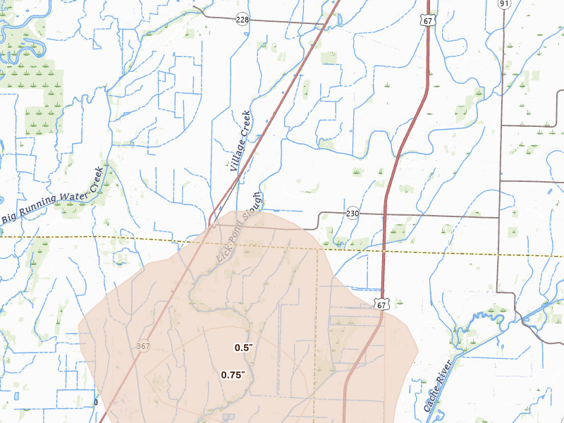 Radar-estimated hail-size map of the storm over Alicia, AR on Jul 11, 2026