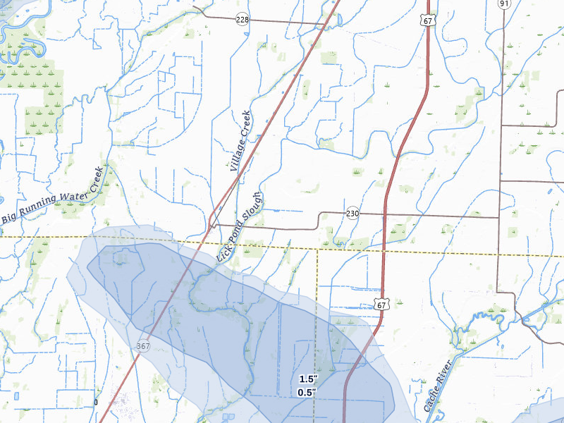 NEXRAD radar-signature map of the hail storm over Alicia, AR on Jul 11, 2026