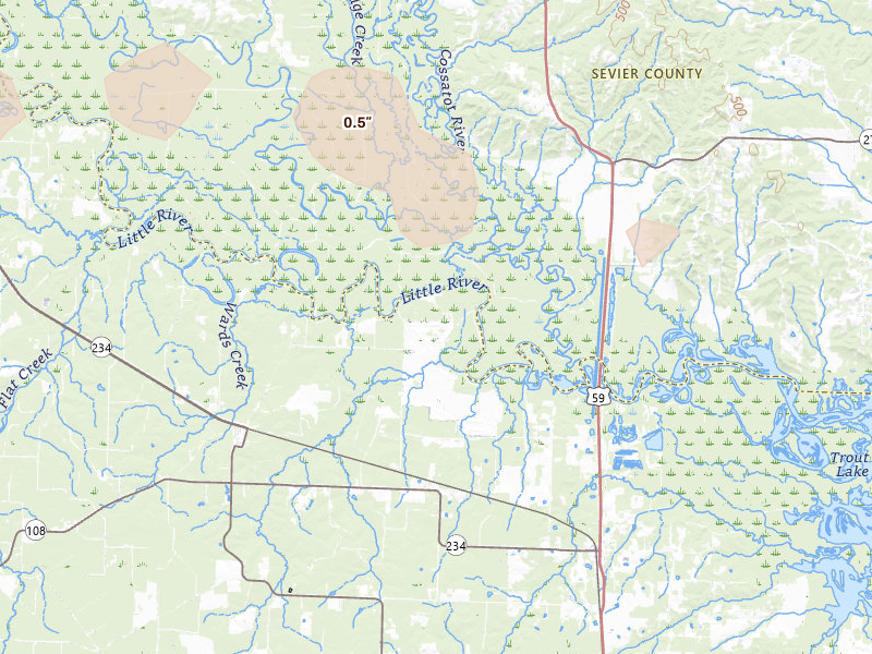Radar-estimated hail-size map of the storm over Alleene, AR on Mar 15, 2026