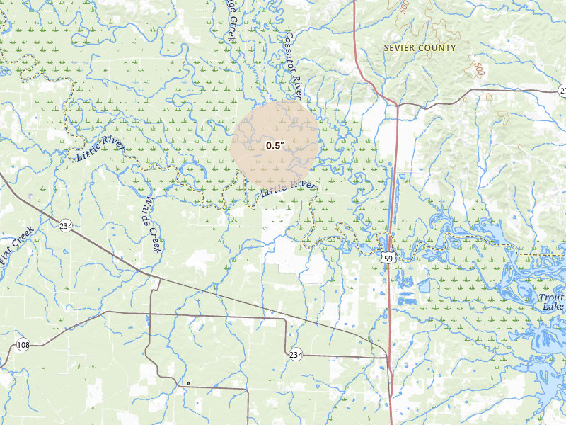 Radar-estimated hail-size map of the storm over Alleene, AR on Jul 3, 2026