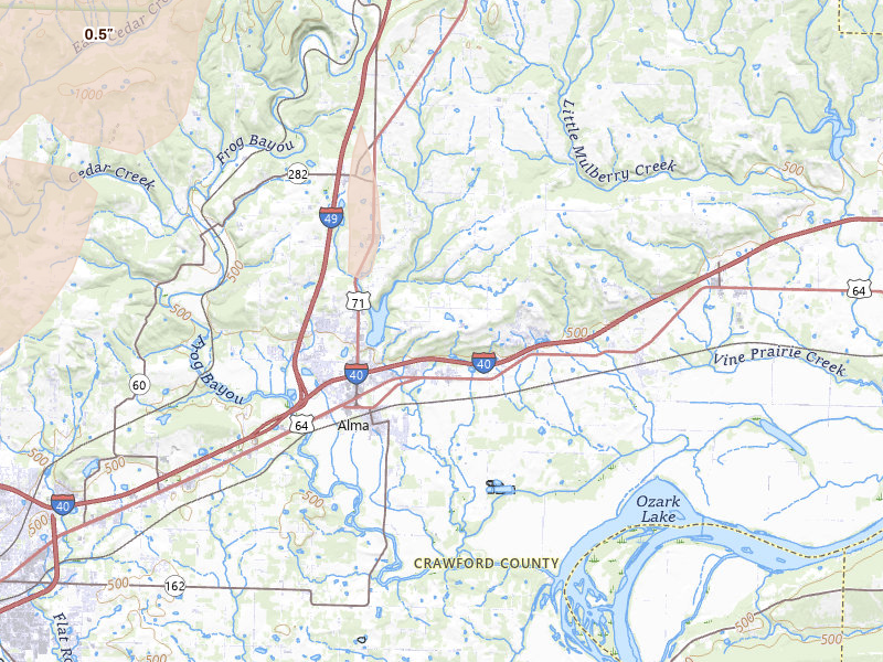 Radar-estimated hail-size map of the storm over Alma, AR on Apr 23, 2026
