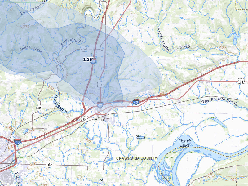 NEXRAD radar-signature map of the hail over Alma, AR