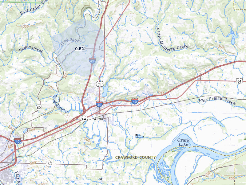 NEXRAD radar-signature map of the hail storm over Alma, AR on Jun 27, 2026