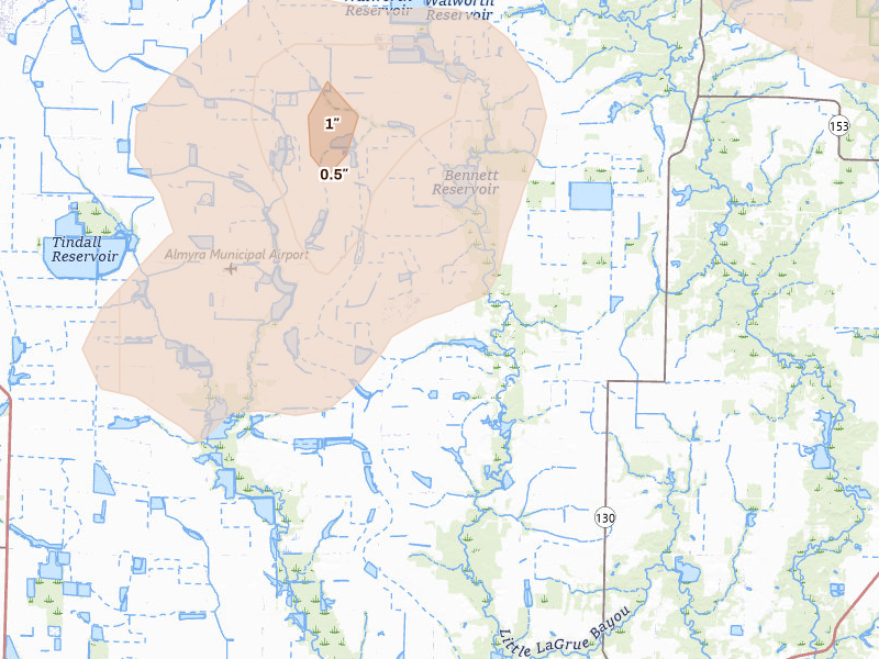 Radar-estimated hail-size map of the storm over Almyra, AR on Jun 1, 2026