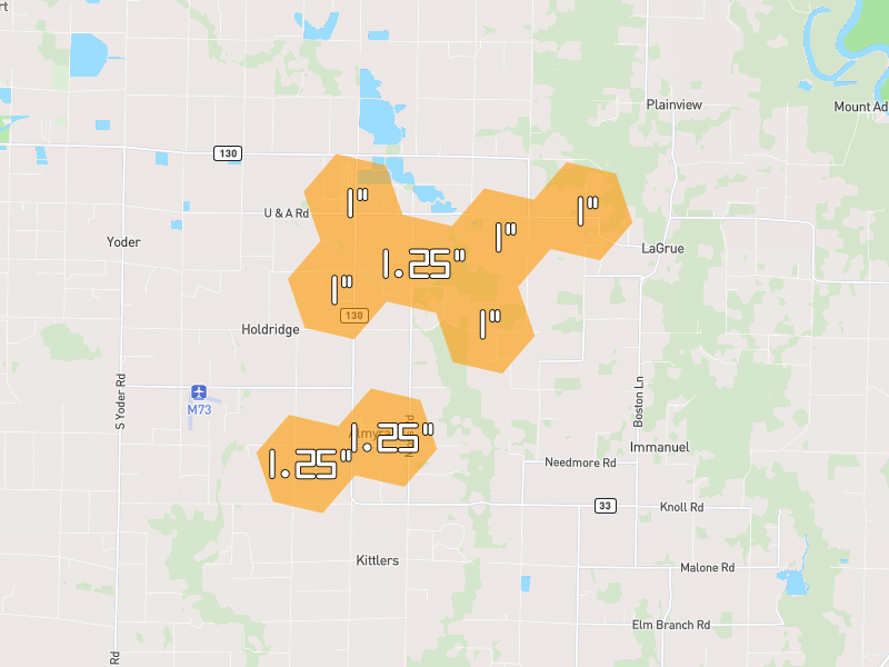 Hail map of Almyra, AR on Jun 2, 2026, hail up to 1.25"
