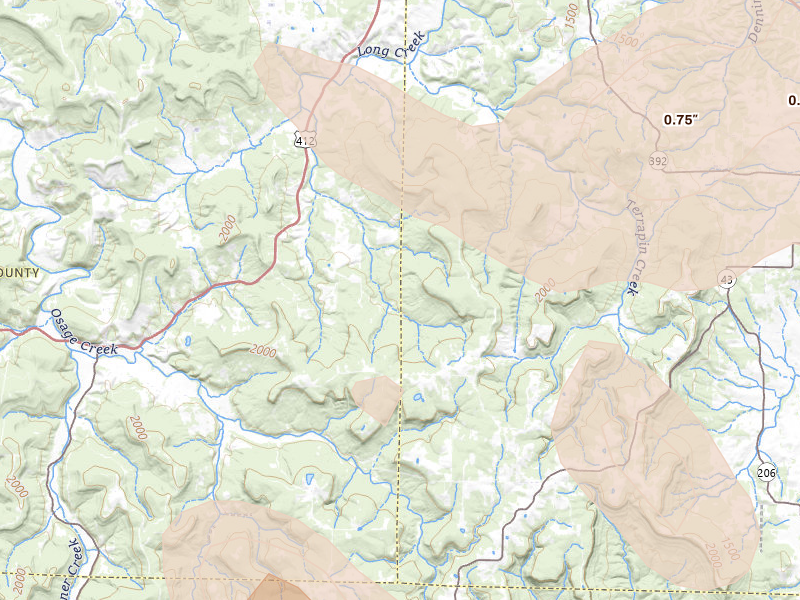Radar-estimated hail-size map of the storm over Alpena, AR on Jun 1, 2026