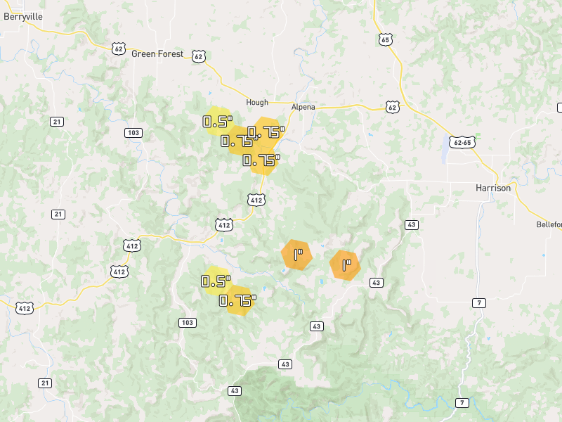 Hail map of Alpena, AR on Jun 1, 2026, hail up to 1"