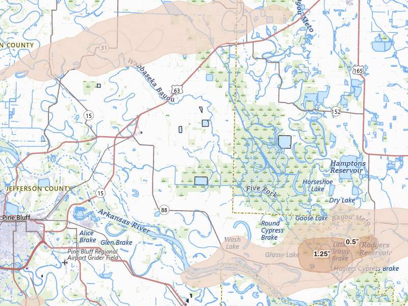 Radar-estimated hail-size map of the storm over Altheimer, AR on Mar 15, 2026