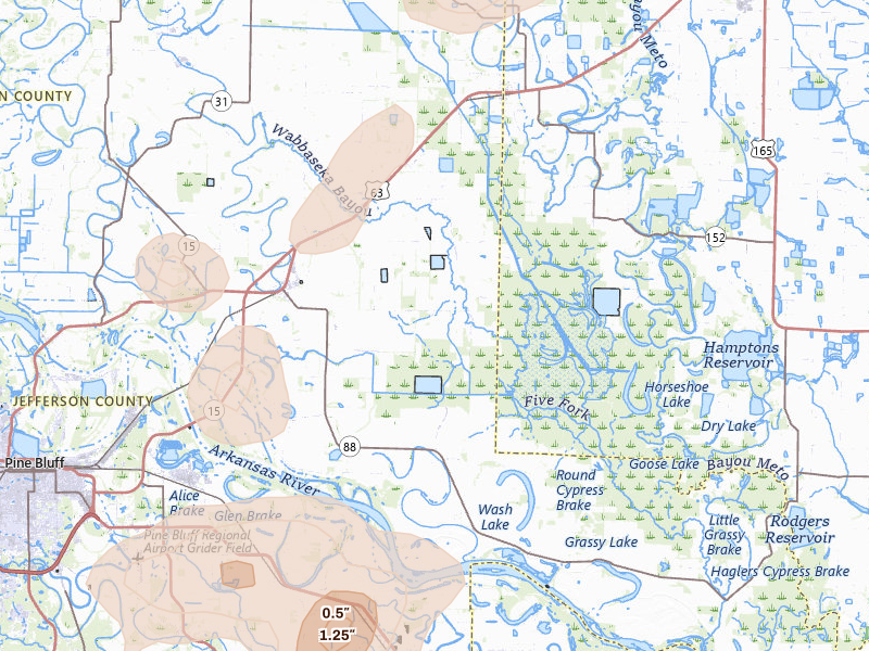 Radar-estimated hail-size map of the storm over Altheimer, AR on May 31, 2026