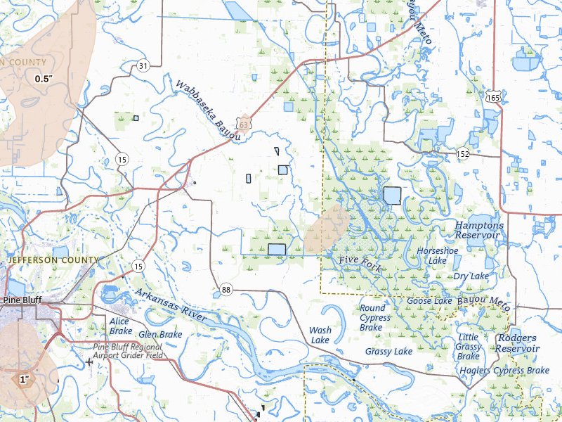 Radar-estimated hail-size map of the storm over Altheimer, AR on Jul 4, 2026