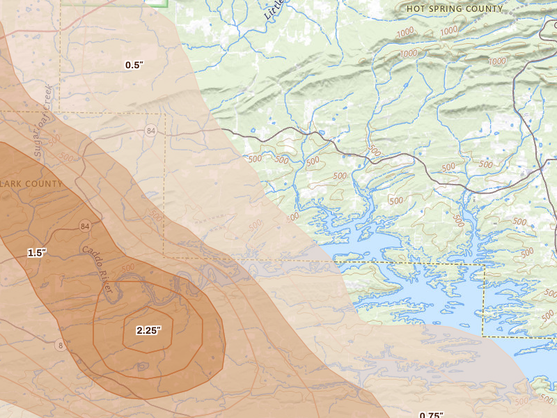 Radar-estimated hail-size map of the storm over Amity, AR on Apr 25, 2026