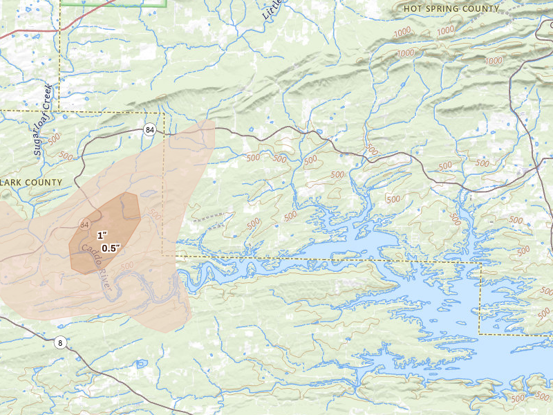 Radar-estimated hail-size map of the storm over Amity, AR on May 30, 2026