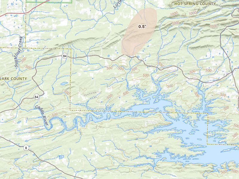 Radar-estimated hail-size map of the storm over Amity, AR on Jun 7, 2026