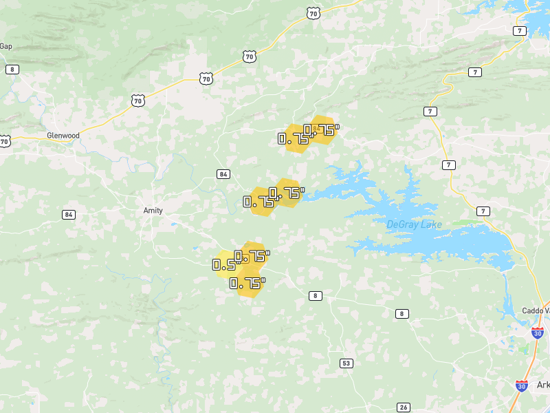 Hail map of Amity, AR on Jun 7, 2026, hail up to 0.75"