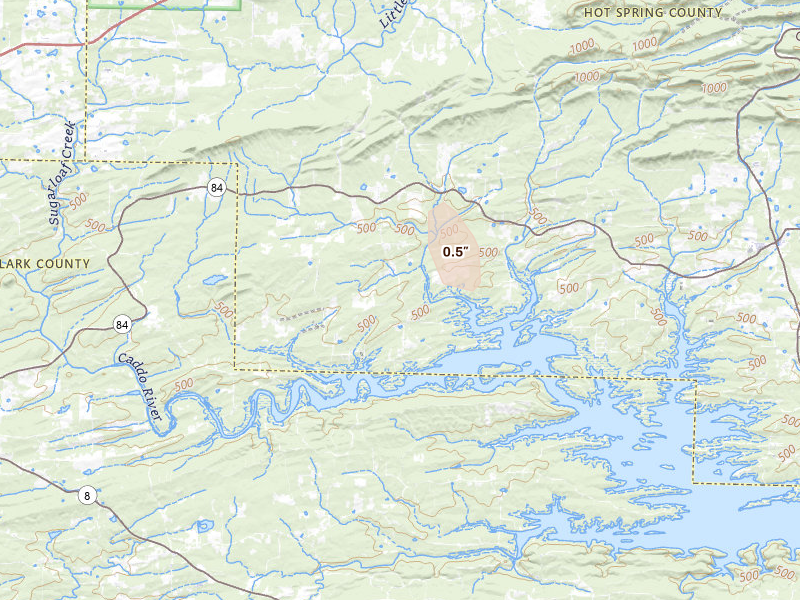 Radar-estimated hail-size map of the storm over Amity, AR on Jun 24, 2026