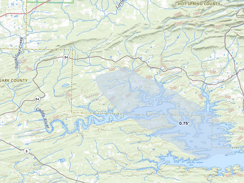NEXRAD radar-signature map of the hail storm over Amity, AR on Jul 8, 2026