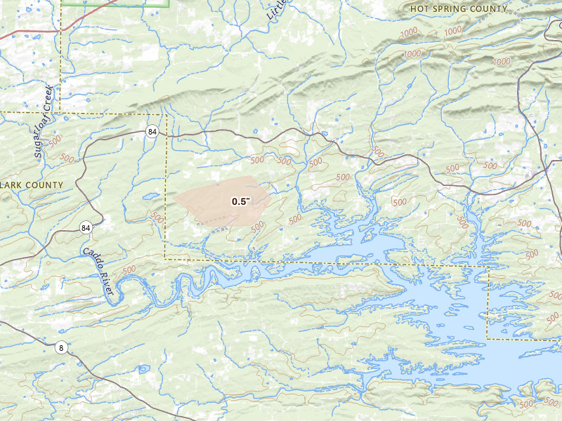 Radar-estimated hail-size map of the storm over Amity, AR on Aug 18, 2026