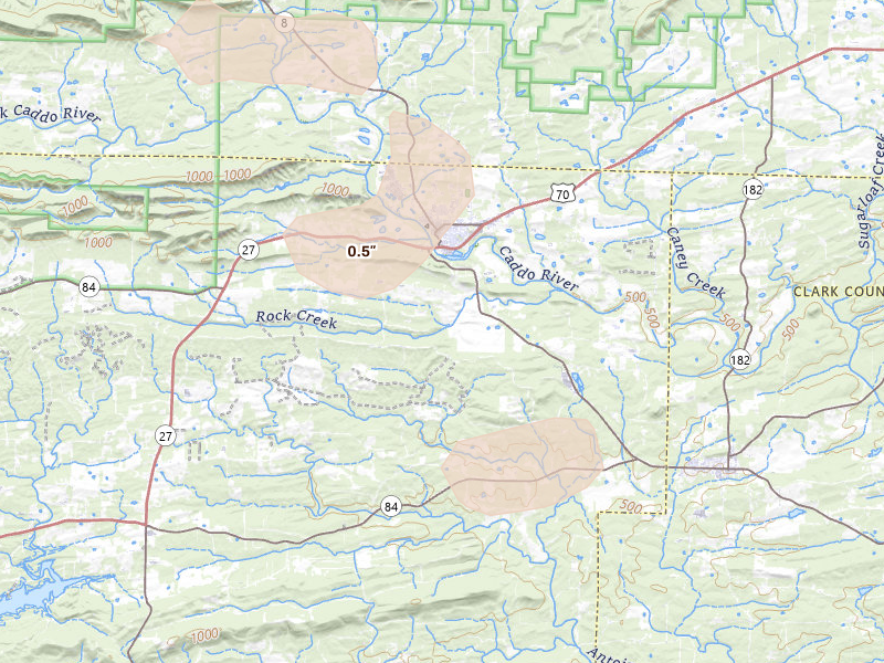 Radar-estimated hail-size map of the storm over Amity, AR on Aug 22, 2026