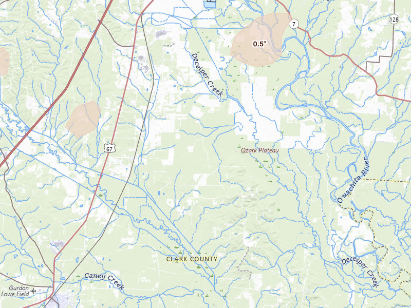 Radar-estimated hail-size map of the storm over Arkadelphia, AR on May 23, 2026
