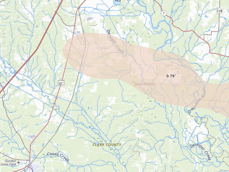 Radar-estimated hail-size map of the storm over Arkadelphia, AR on Jul 8, 2026